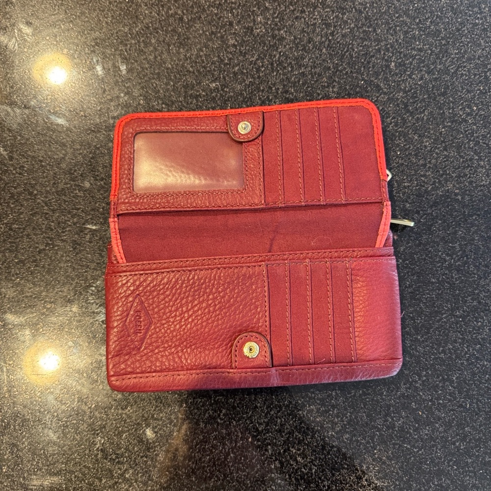 Fossil Deep Red Leather Card & Key Organizer Wallet